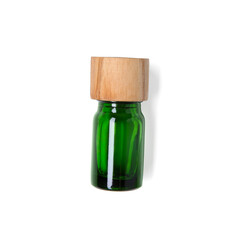 Bottle of essential oil isolated on white, top view