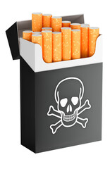 Cigarette pack with skull and crossbones. Dangers of smoking, concept. 3D rendering isolated on transparent background