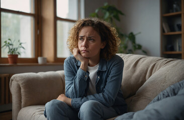Fototapeta premium young woman thinking and upset look sitting on a couch 