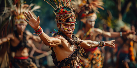 A man in a costume is dancing with other people