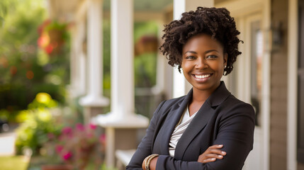 A portrait of an African American female real estate agent in professional attire, smiling  in front of a luxury home. The sunny day and green lawn enhance the confident, welcoming atmosphere.