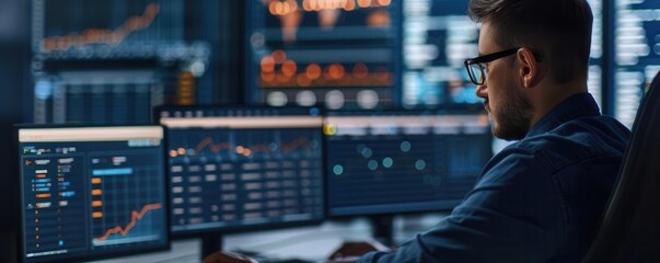 Analyst visualizing complex data sets with graphics, analytics, data visualization