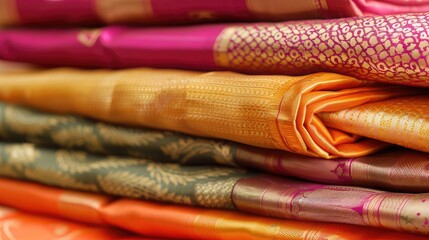 Traditional Indian silk sarees folded neatly, with copy space on the left.