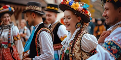 A group of people dressed in traditional clothing are smiling