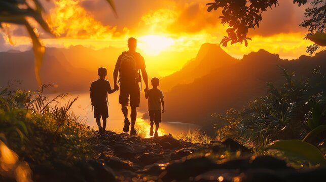 Father and Sons Hiking at Sunset.