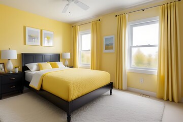 bedroom with yellow decor and framed art