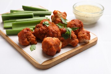 Baked cauliflower buffalo wings with parsley served on white table, closeup