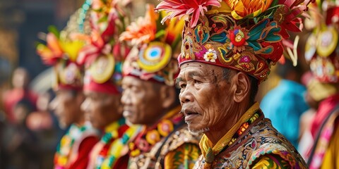 Fototapeta premium A group of men wearing colorful hats and clothing