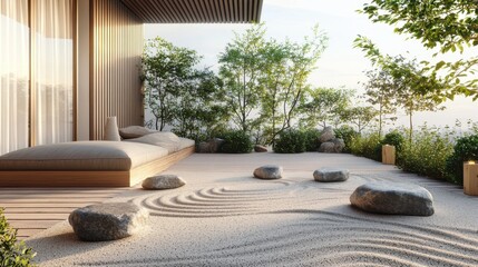 A serene outdoor space featuring zen garden elements, natural textures, and calming aesthetics perfect for relaxation and meditation.