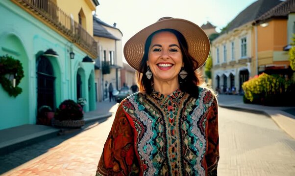Moroccan Woman Enjoying a Walk with Her Dog in Vibrant Neighborhood