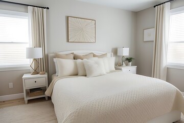Fototapeta premium Cozy bedroom with beige accents, white furniture, and framed art.