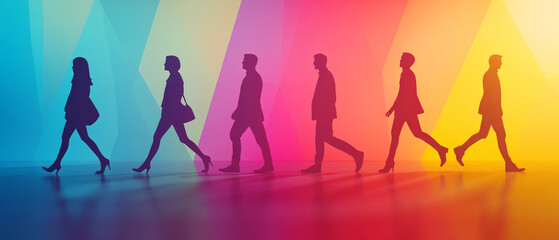 Silhouettes of People Walking on a Colorful Gradient Background