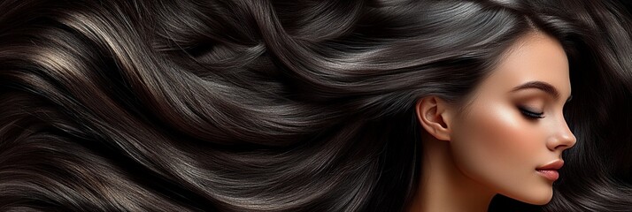 Luxurious dark hair flowing in waves, showcasing the beauty of healthy, shiny locks. Profile view of a woman with flawless skin and perfect makeup, embodying glamour.