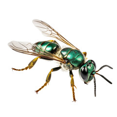 Isolated Green Sweat Bee with Glimmering Exoskeleton and Wings.