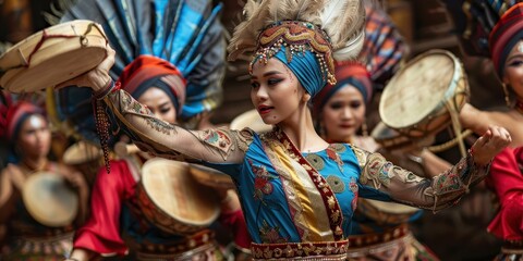 Fototapeta premium A group of women are dressed in colorful clothing and playing drums