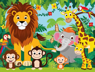 Fototapeta premium Illustration of the wild animals near the big tree 