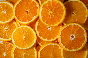 Close-up of Orange slices against orange background.