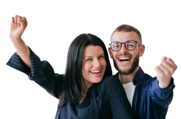 Excited man and woman celebrating with raised fists, smiling brightly. Both dressed in casual business attire, isolated on a transparent background