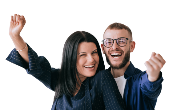 Excited man and woman celebrating with raised fists, smiling brightly. Both dressed in casual business attire, isolated on a transparent background