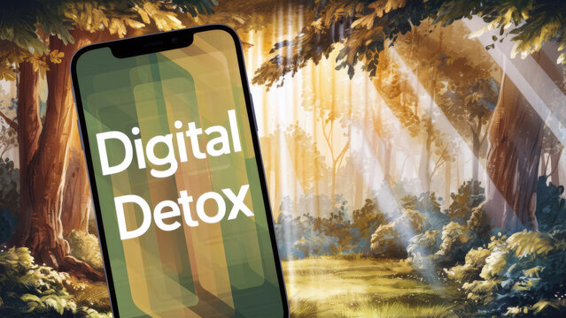 Smartphone with 'DIGITAL DETOX' text shown in front of forest. Concept of disconnecting from technology for nature.
