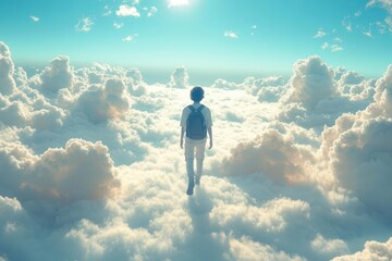 Surreal walking on clouds first day of school journey light ethereal calm optimism floating scenery