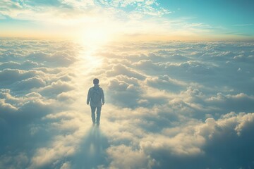 Fototapeta premium Surreal walking on clouds first day of school journey light ethereal calm optimism floating dream.