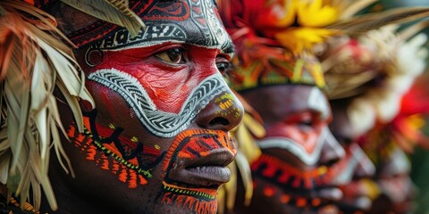 Fototapeta premium A group of people with painted faces and feathers on their heads
