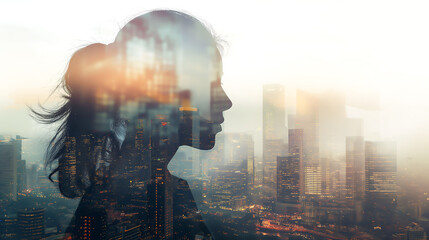 Fototapeta premium Double Exposure image of business person on modern city background. Future business and communication technology concept. Surreal futuristic cityscape and abstract multiple exposure interface