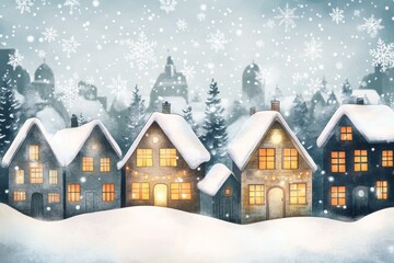 Cozy winter village scene with snow falling and houses lit up.  Perfect for holiday and winter themed projects.