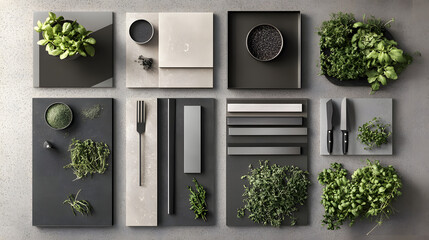 Fototapeta premium interior design moodboard for inspiration, natural materials, grey color tones