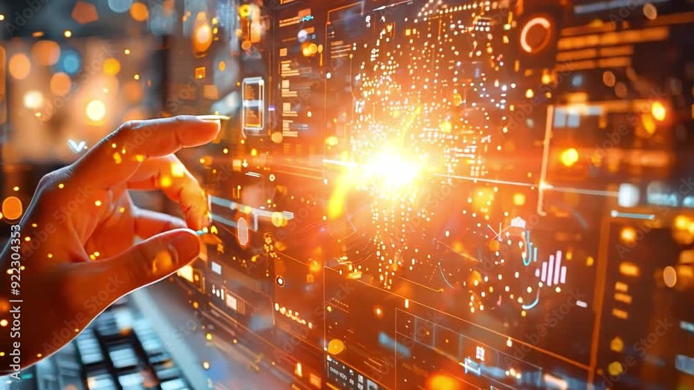 Poster a user interacts with an advanced digital interface displaying vibrant data visualizations and graph