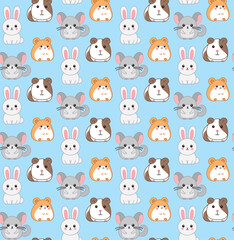 Seamless cartoon pattern with cute rabbit, hamster, guinea pig, chinchilla. Vector colorful kawaii backdrop in flat style	