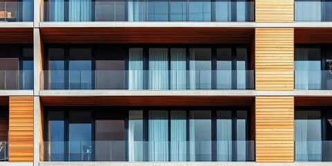 A tall building with wooden trim and large windows