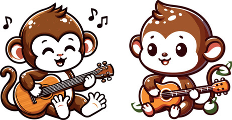 Cute Monkey Playing Guitar Cartoon Graphic