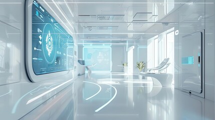 Futuristic interior of a modern digital workspace with sleek design, advanced technology, and bright ambient lighting.