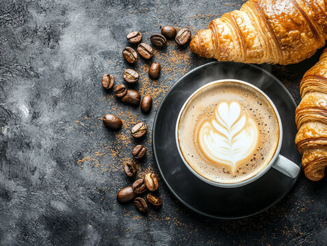 A cup of coffee with a heart design on top sits on a black plate next to a crois