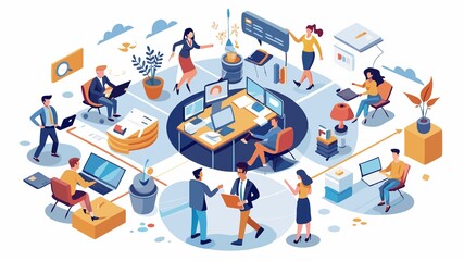 This dynamic image depicts a bustling office from above. Engaged professionals work together, their energy radiating outward and fueling a productive and collaborative work environment.