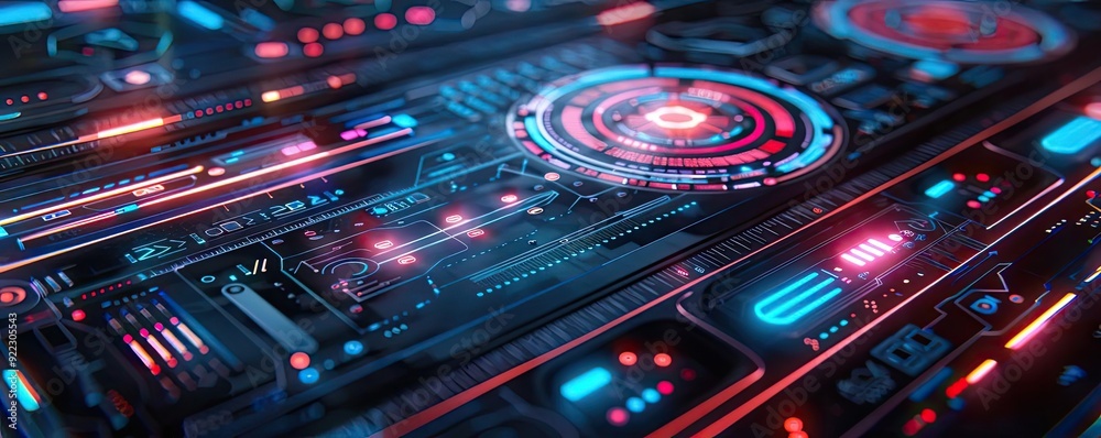 Poster futuristic digital interface design featuring vibrant neon lights and intricate patterns, perfect fo