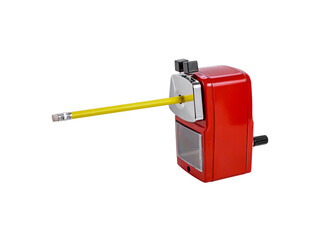 red rotary pencil sharpener with yellow pencil transparent png