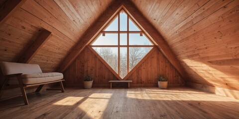 Bright peach fuzz pink attic with wooden paneling and a triangular window allowing sunlight to illuminate the room, embodying a cozy and unique space.