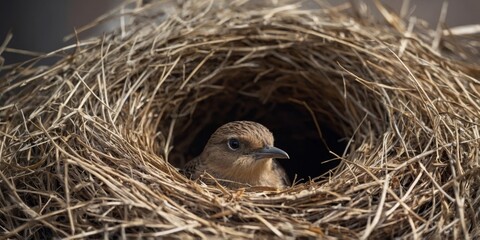 Swift peeking out from a nest hole in a building.