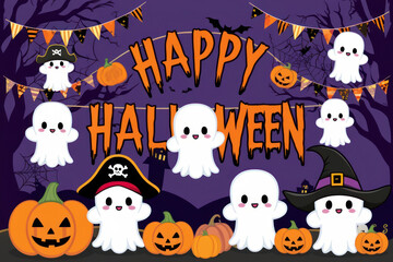 Happy Halloween text on dark background with ghosts, bats flying and pumpkins. AI generated