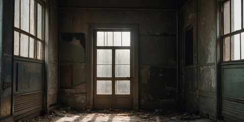 Sunlight filtering through a doorway in an abandoned building.