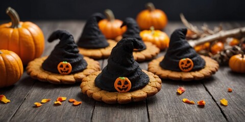 Unbaked Halloween cookies shaped like pumpkins and Witch hats.