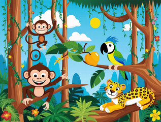 Naklejka premium Illustration of the wild animals near the big tree 