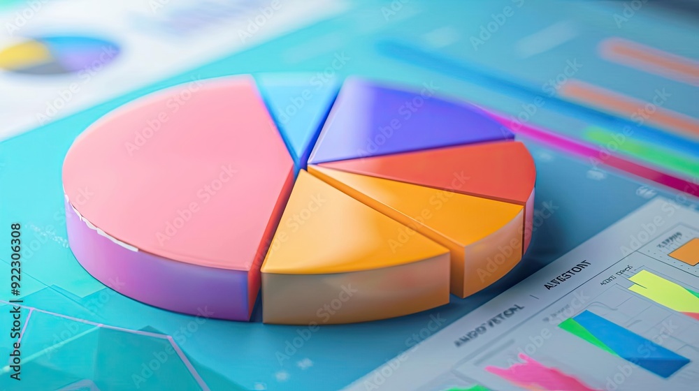 Poster colorful pie chart on a digital background, representing data analysis and presentation in a modern 