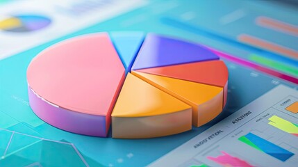 Fototapeta premium Colorful pie chart on a digital background, representing data analysis and presentation in a modern business environment.