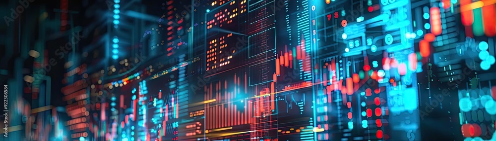 Poster Dynamic digital background showcasing vibrant data graphics, ideal for technology and finance themes.