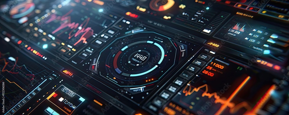 Poster Futuristic data visualization interface with graphs, charts, and digital elements for tech and finance projects.