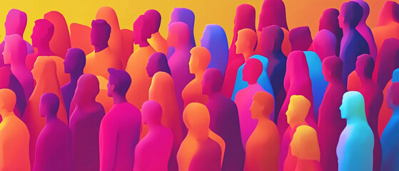 Abstract Silhouettes of People in a Crowd, Vibrant Colors